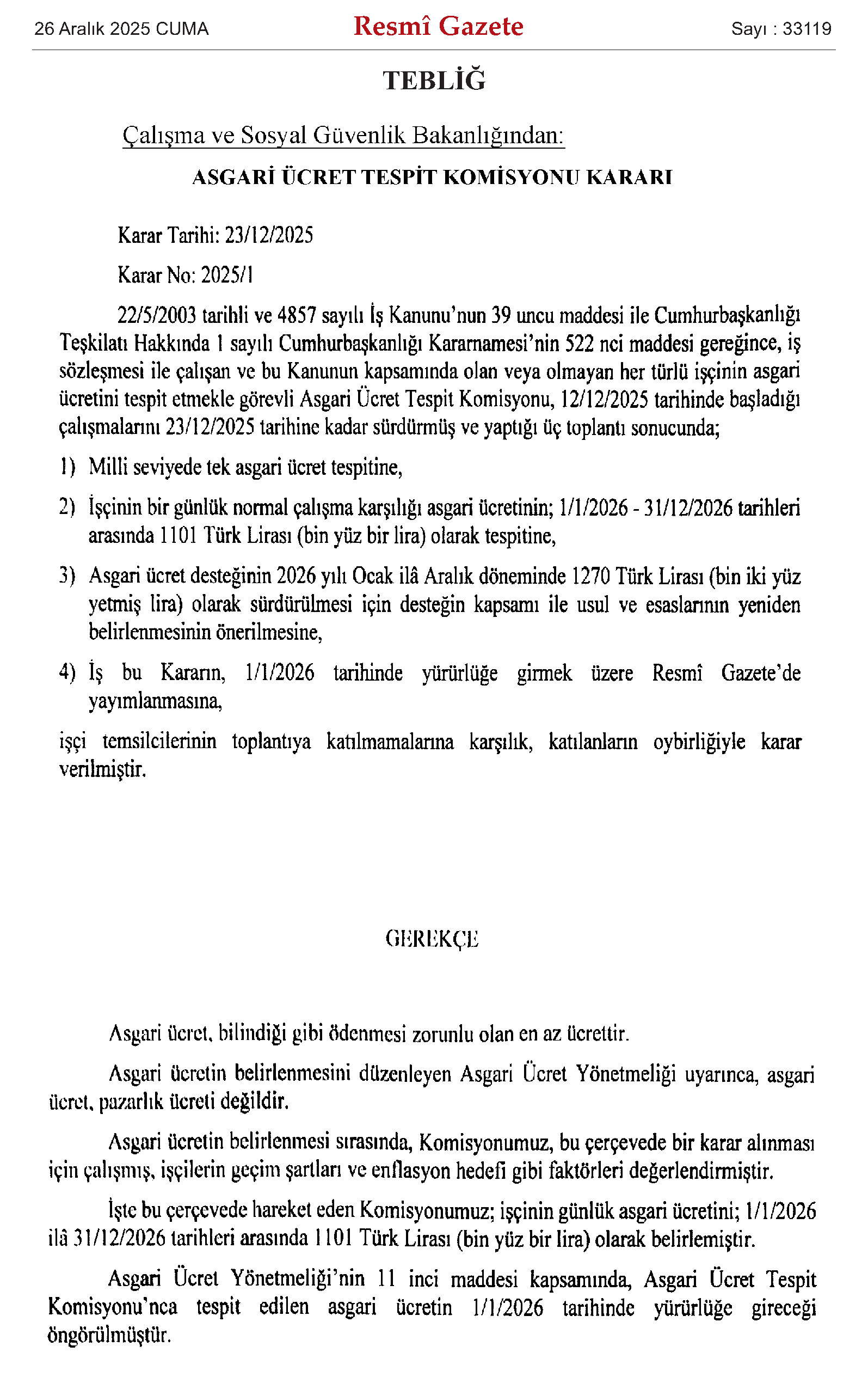 Asgari Ücret Tespit Komisyonu Kararı (2025)